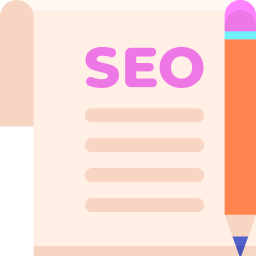 A notebook or paper with the word 'SEO' written at the top in large purple letters, with lines underneath, and a colorful pencil on the right side.