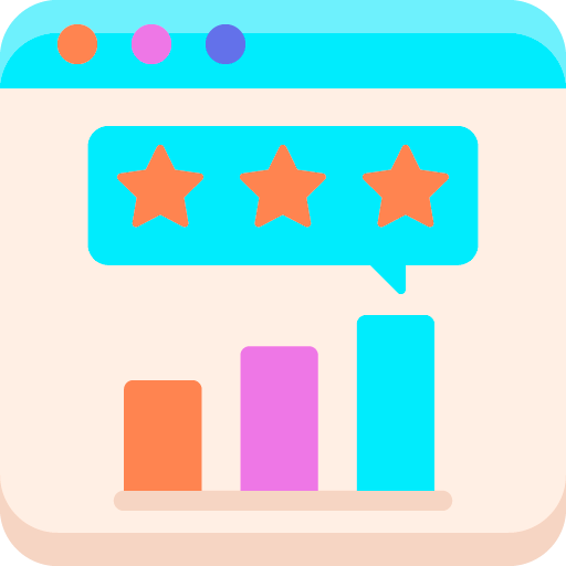 Web browser window displaying a bar chart with three colorful bars and a speech bubble with three orange stars.