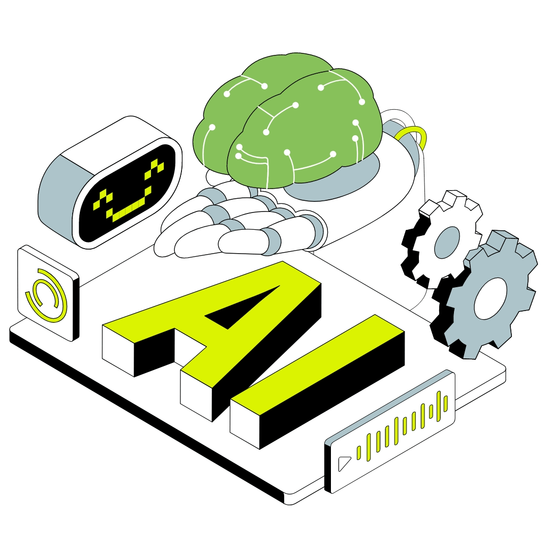 Illustration of AI and machine learning concepts with a robot hand, a computer chip labeled 'AI', a green circuit board, gears, and digital icons.