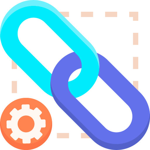 Illustration of two interlinked chain links, one blue and one purple, with a small orange gear icon below.