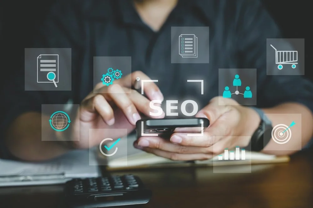 Person using a smartphone with SEO analytics and optimization icons overlaid.