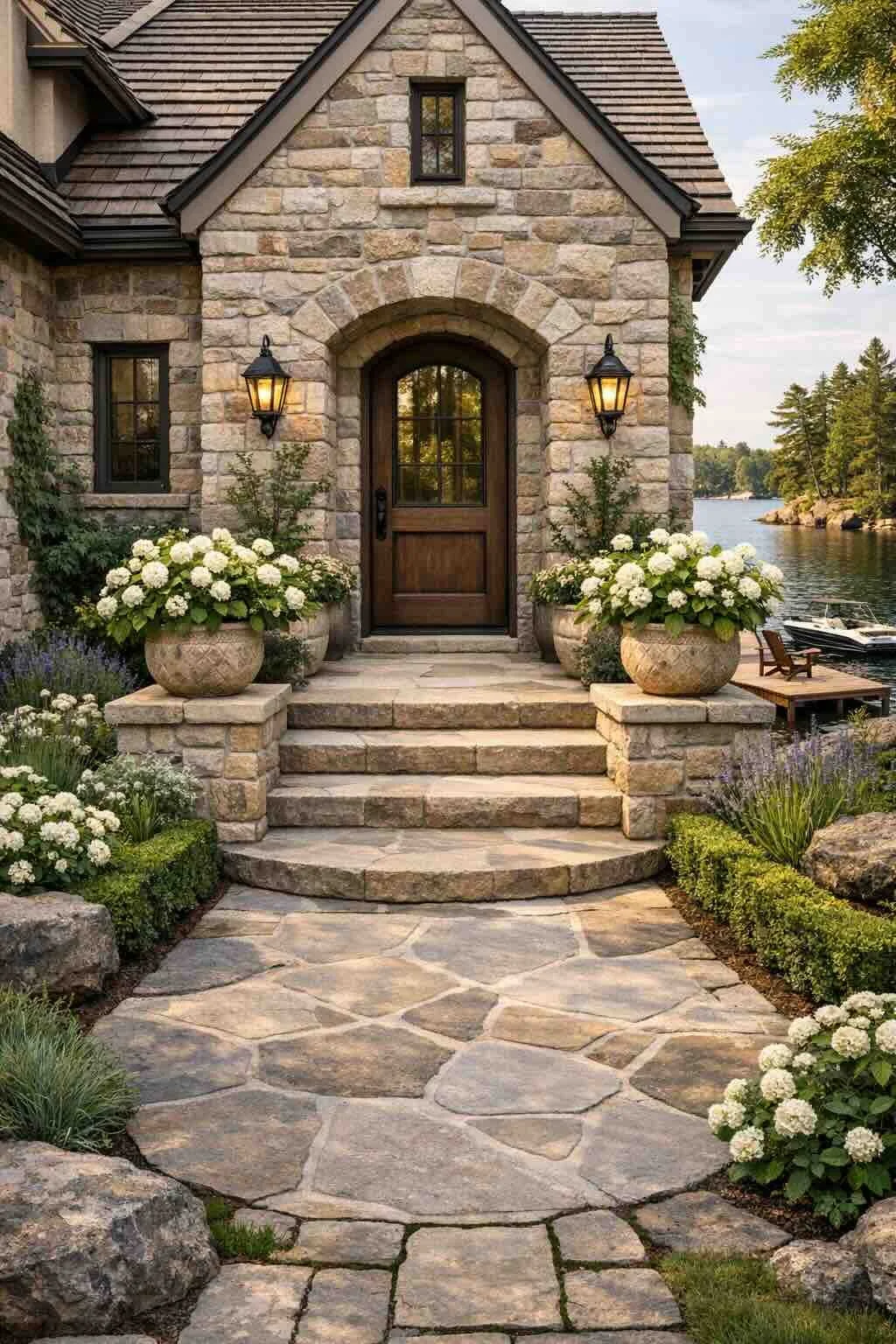 Front view of a stone house with a wooden door, two lit outdoor wall lanterns, a stone walkway, and potted flowers, overlooking a body of water with trees in the background.