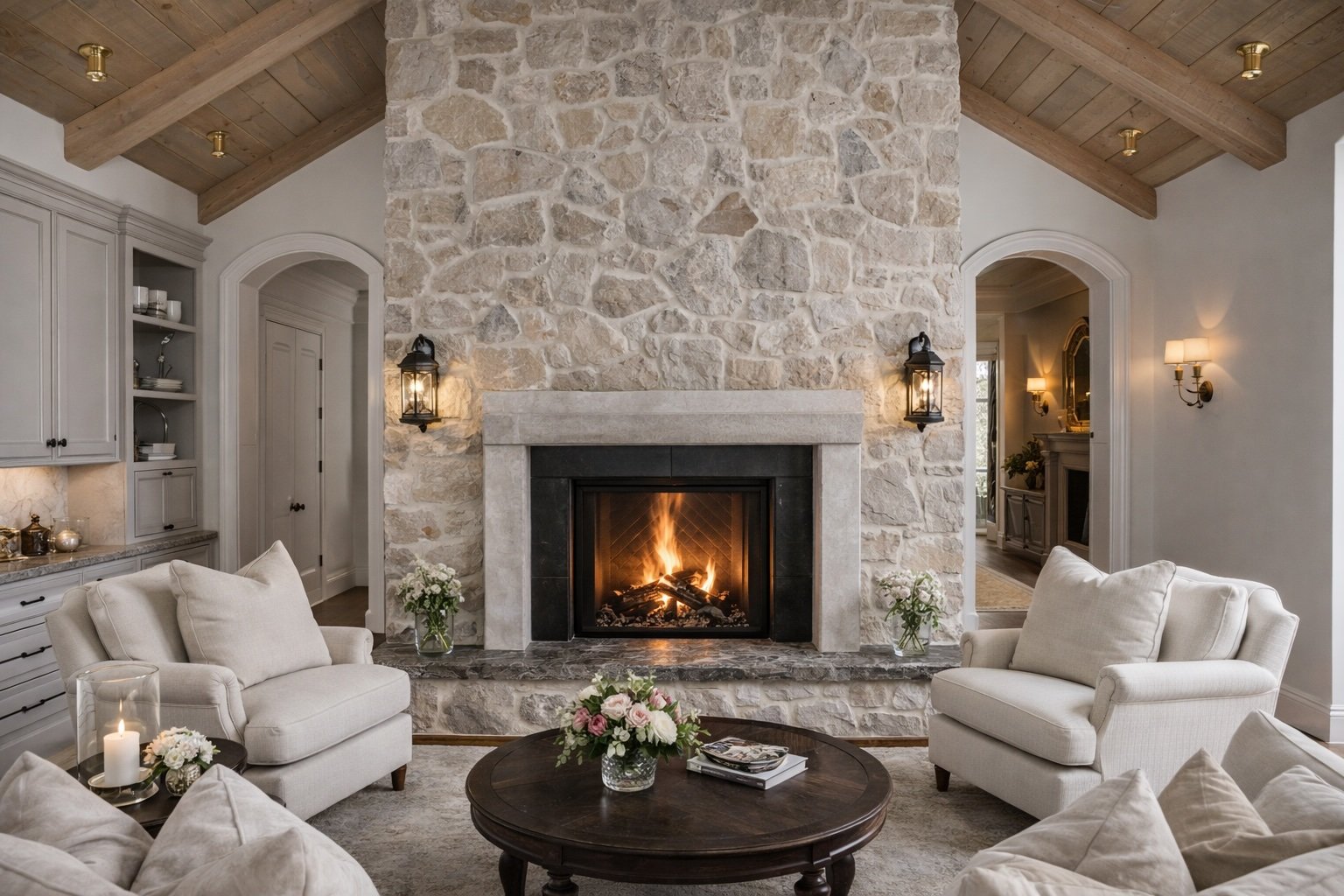 Elegant living room with stone fireplace collingwood.