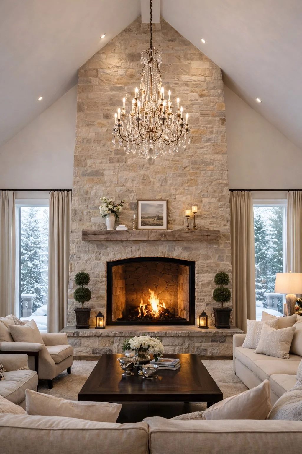 Custom stone fireplace with arched opening and vaulted ceiling in luxury living room in Collingwood Ontario