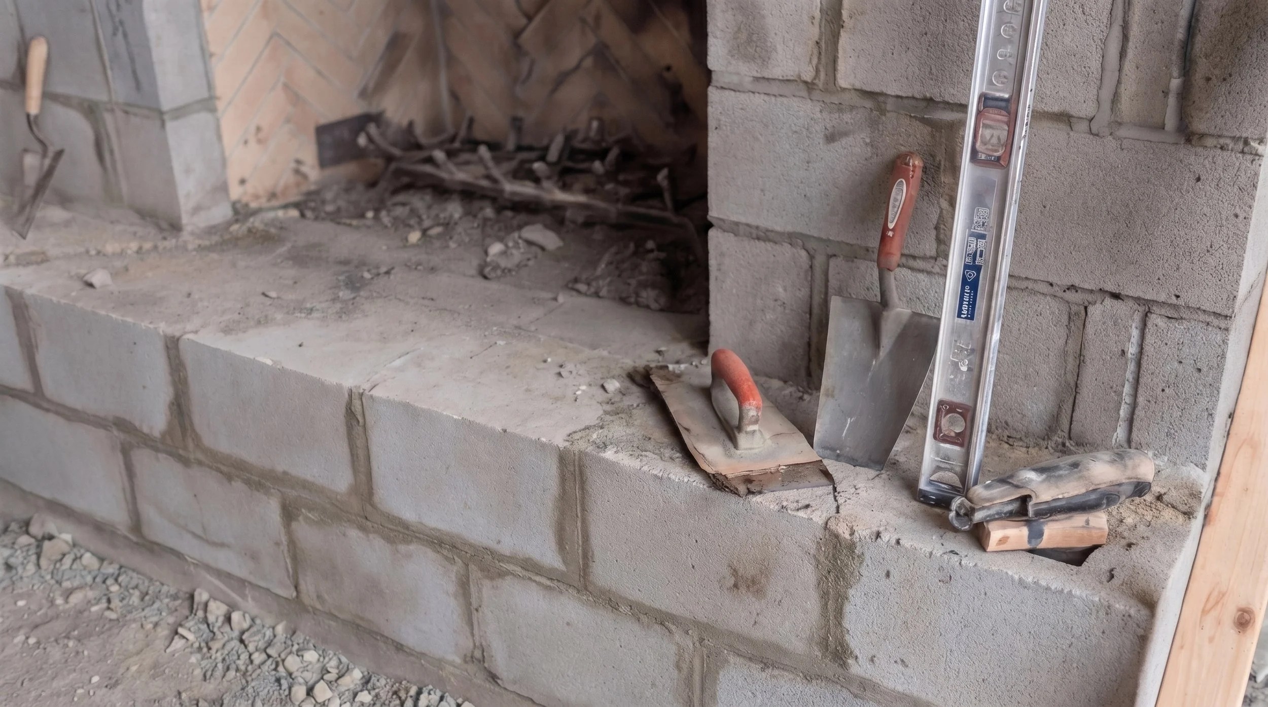Custom masonry fireplace core under construction, highlighting structural block work and precise alignment before stone veneer installation.