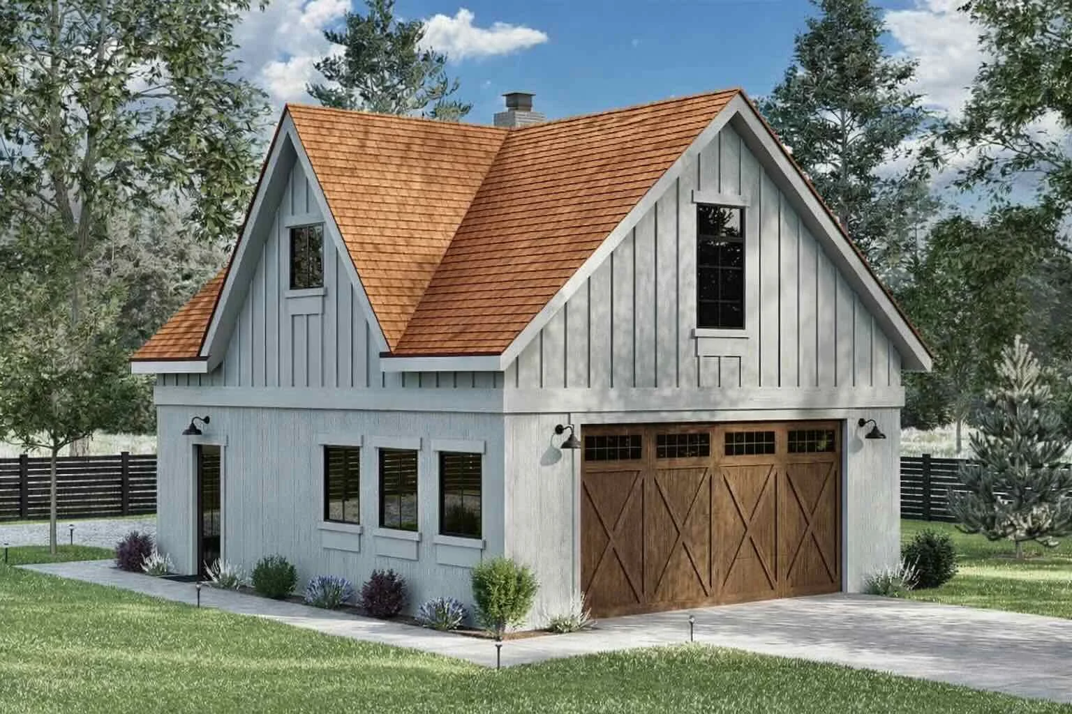 High end detached garage with light grey board and batten siding, a cedar roof, custom wood garage doors, and timeless exterior detailing designed for luxury residential properties.