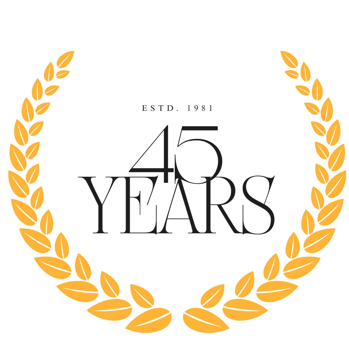 Golden laurel wreath with black text inside reading 'Celebrating 45 Years, ESTD. 1981' on a black background.