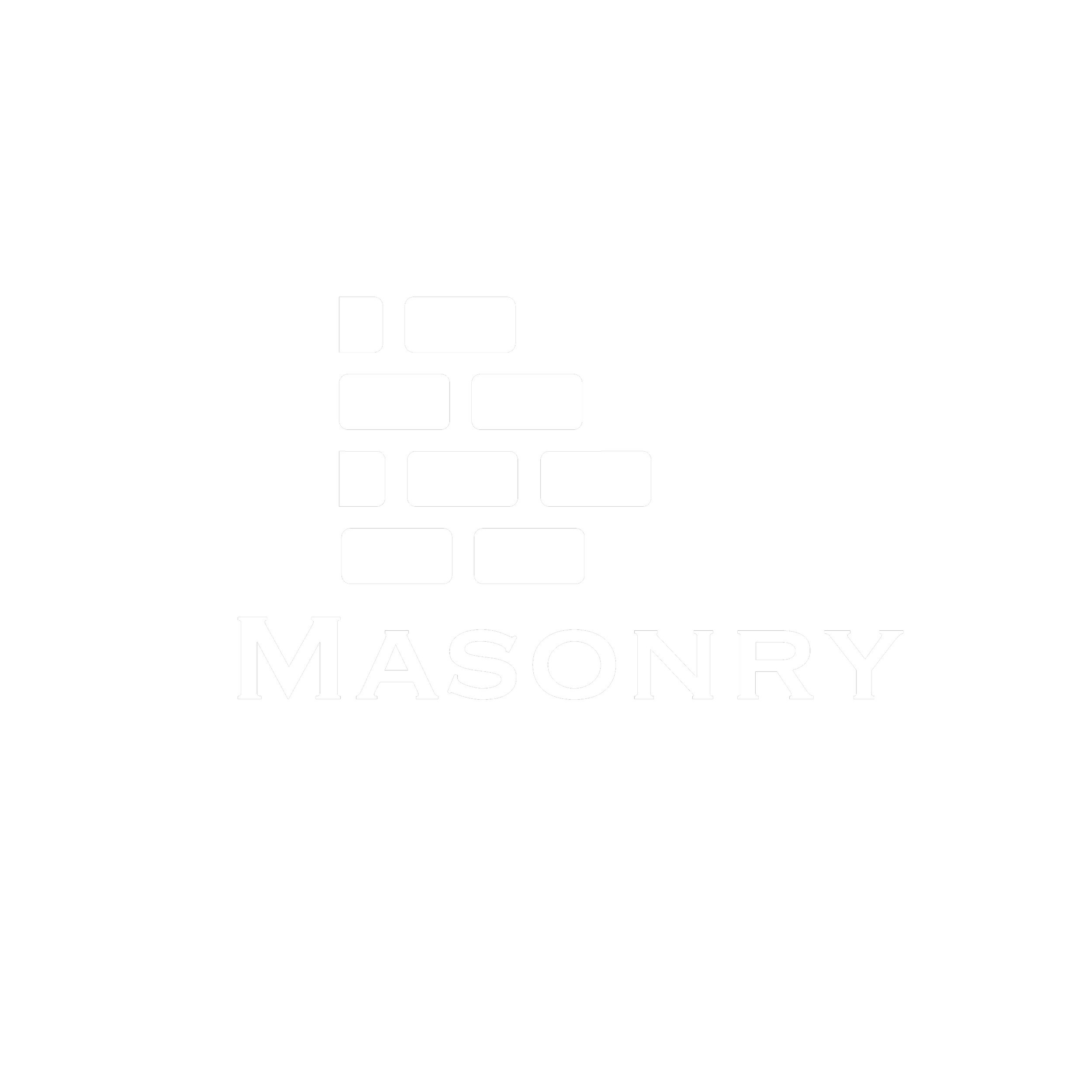 A black background with a white silhouette of a brick wall and the word "MASONRY" written below it.