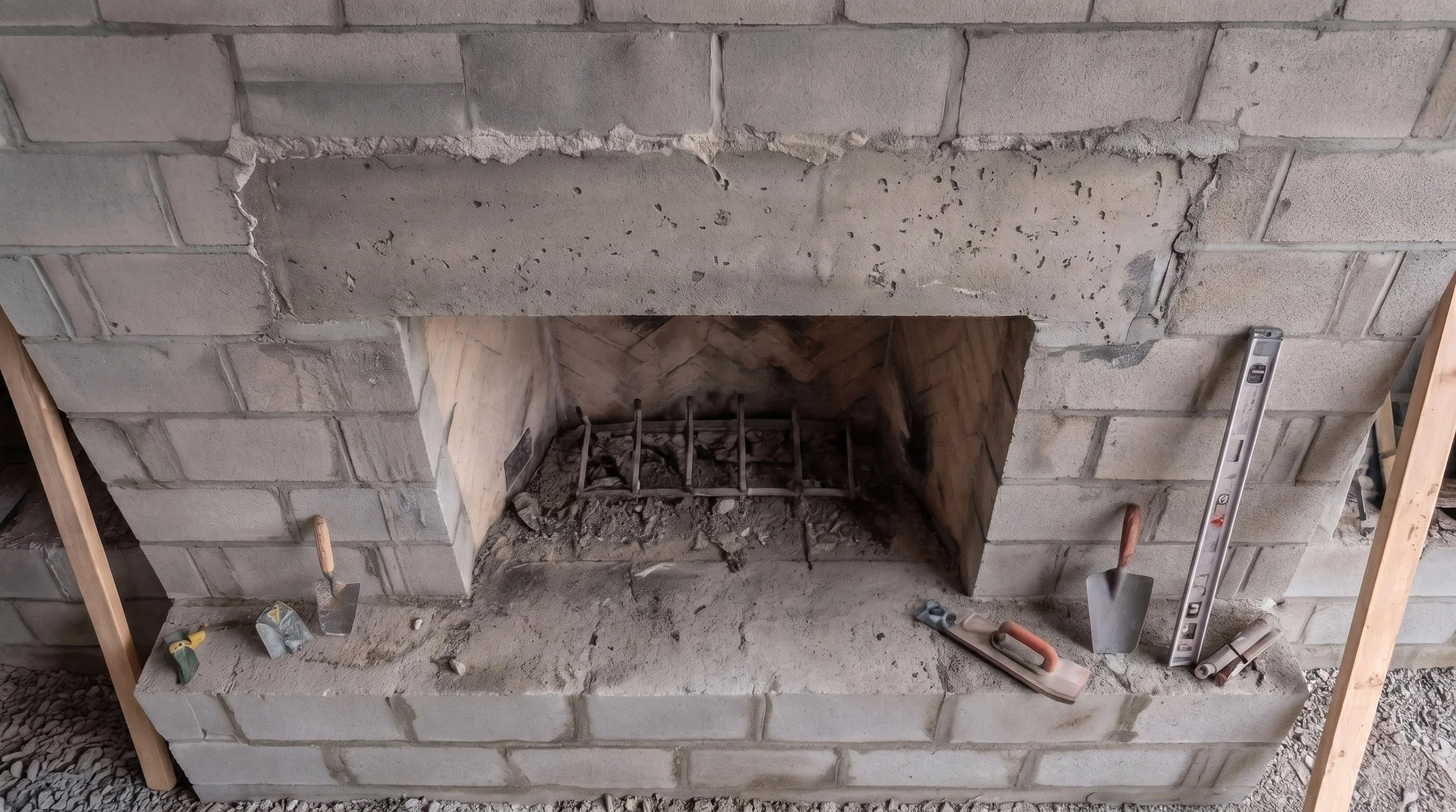Detailed view of concrete block installation during outdoor fireplace construction, highlighting precise layout and craftsmanship before finishing.