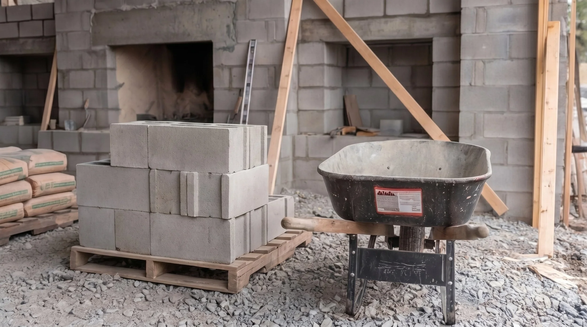 Organized masonry materials and tools staged for an outdoor fireplace build, showcasing a clean and professional construction process.