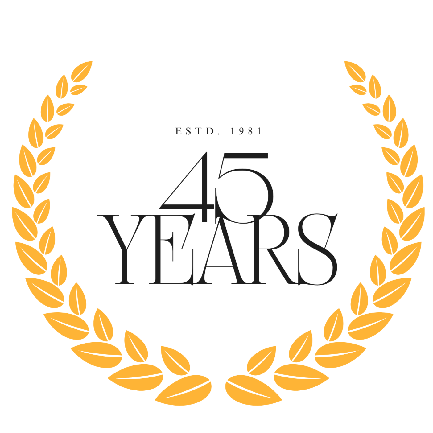 Celebration logo with gold laurel wreath, text celebrating 45 years since 1981.