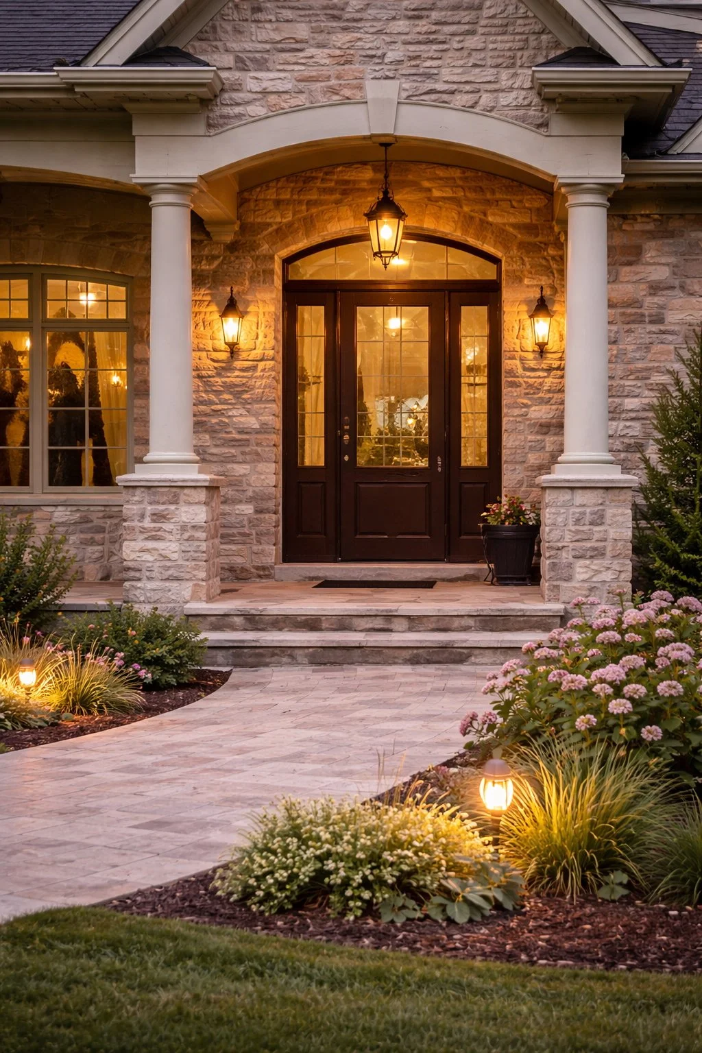 Twilight entrance with blooming garden.jpg