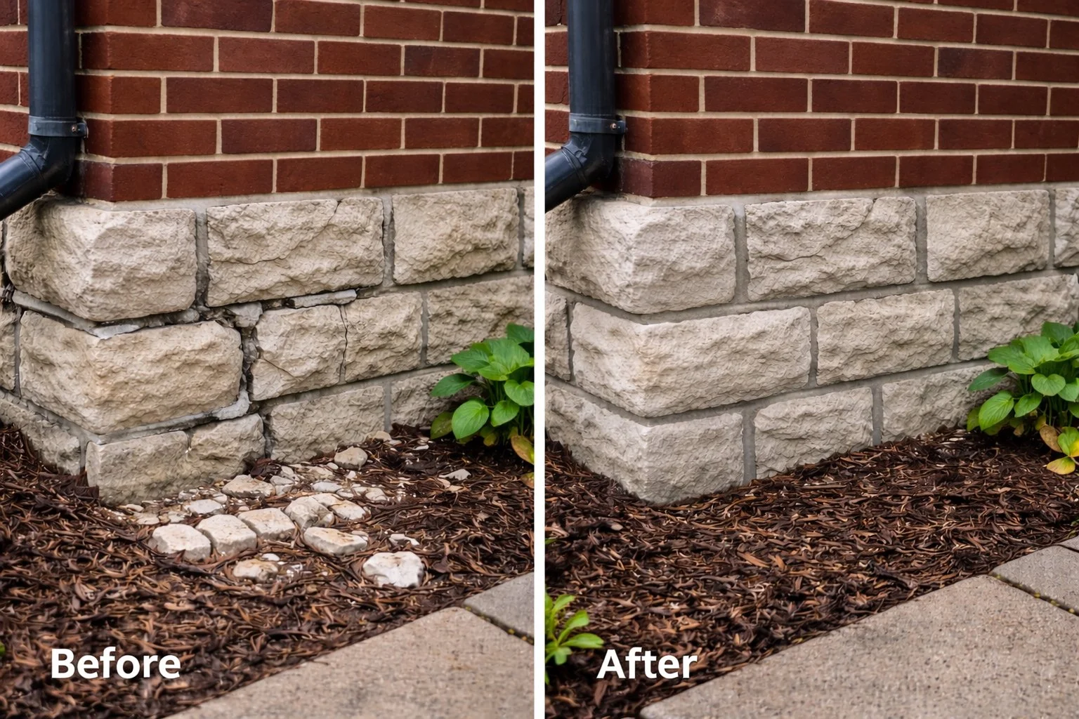 Before and after masonry foundation repair showing restored stonework and fresh mortar joints in Collingwood Ontario