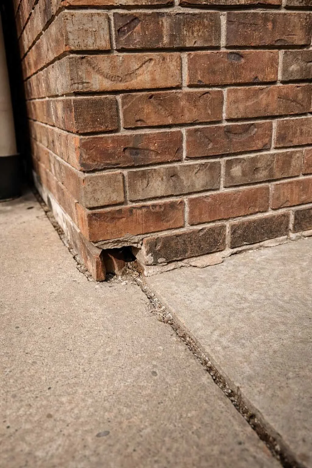 Close-up of a brick wall with a damaged bottom corner, revealing a hole in the bricks, next to a concrete sidewalk with visible cracks.