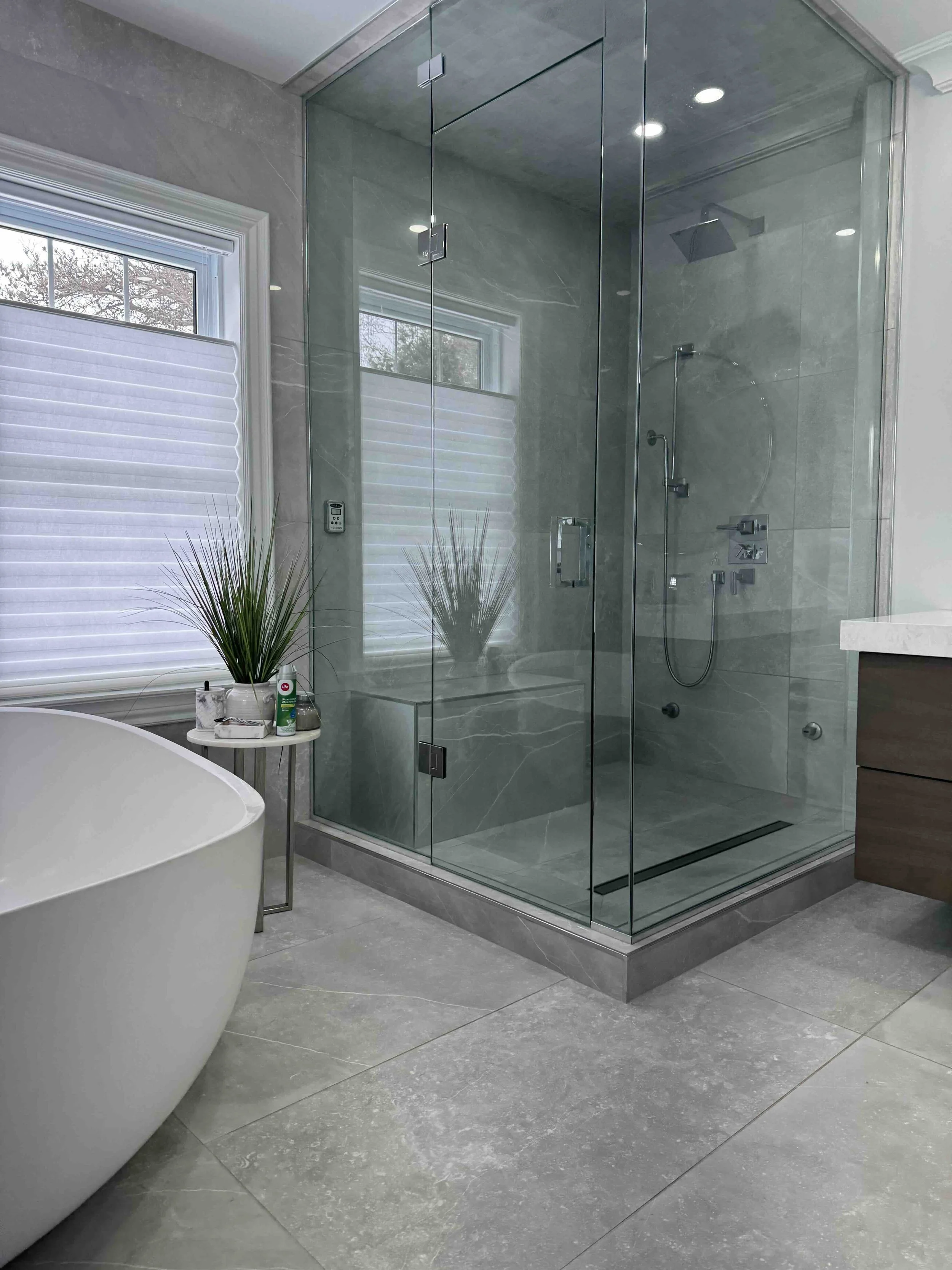 Modern bathroom with large glass shower enclosure, a freestanding bathtub, and a small side table with plants and toiletries.