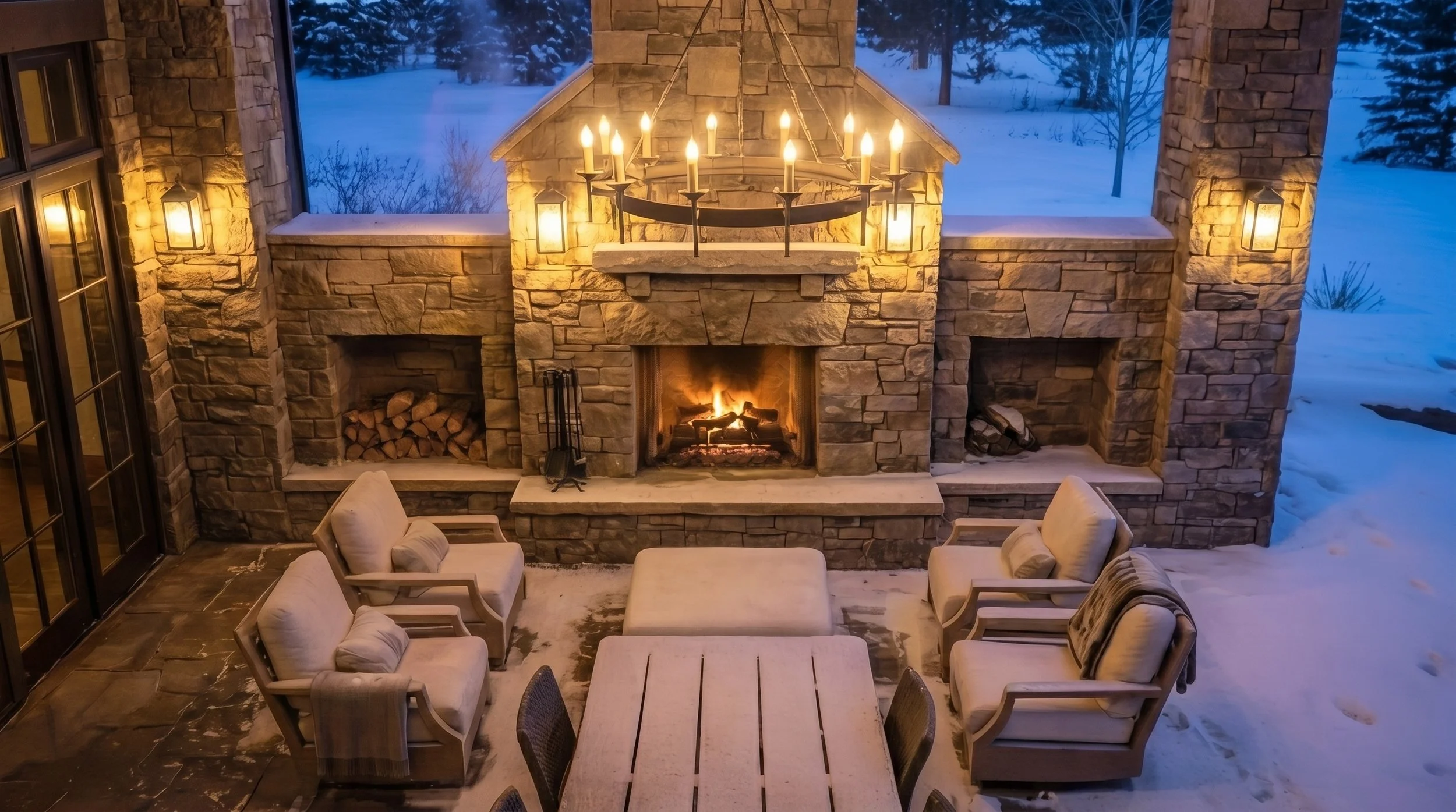Custom outdoor masonry fireplace completed in the Blue Mountains, featuring high-end natural stone, clean joint lines, and a timeless luxury finish.