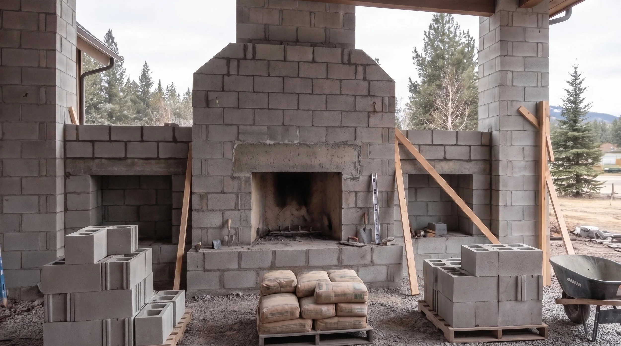 Custom outdoor fireplace and patio construction in progress in Collingwood, with base preparation and masonry work underway on a clean, organized jobsite.