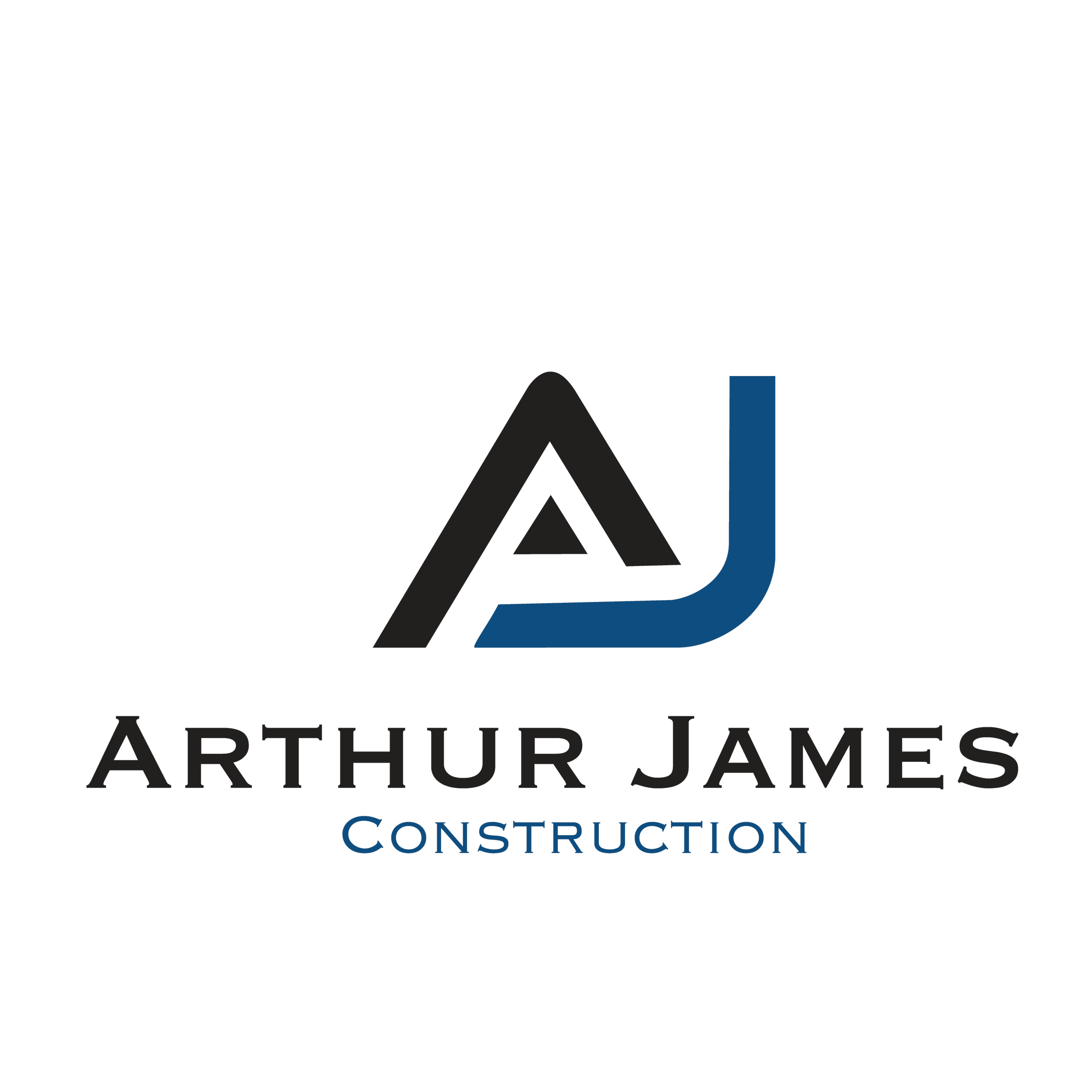 Logo for Arthur James Construction featuring a stylized 'A' and 'J' in black and blue with company name and industry in text.