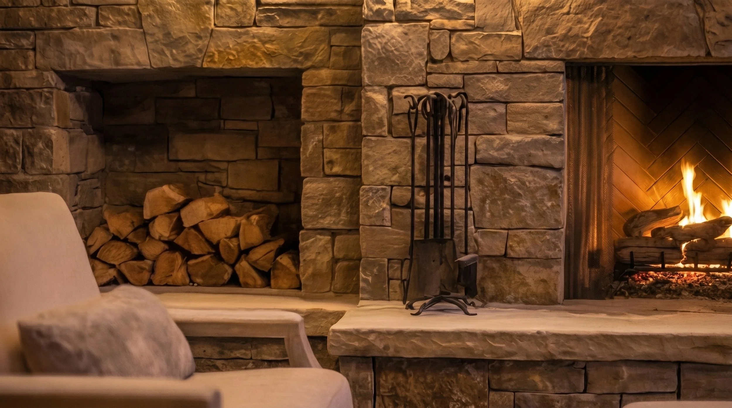 Outdoor masonry fireplace at dusk with warm lighting, creating a luxury backyard space designed for comfort, atmosphere, and year-round use.