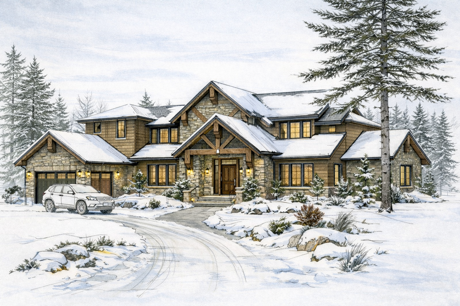 A large, two-story house with stone and wood siding surrounded by snow, evergreen trees, and a snow-covered driveway with an SUV parked outside.Arthur James Construction mockup