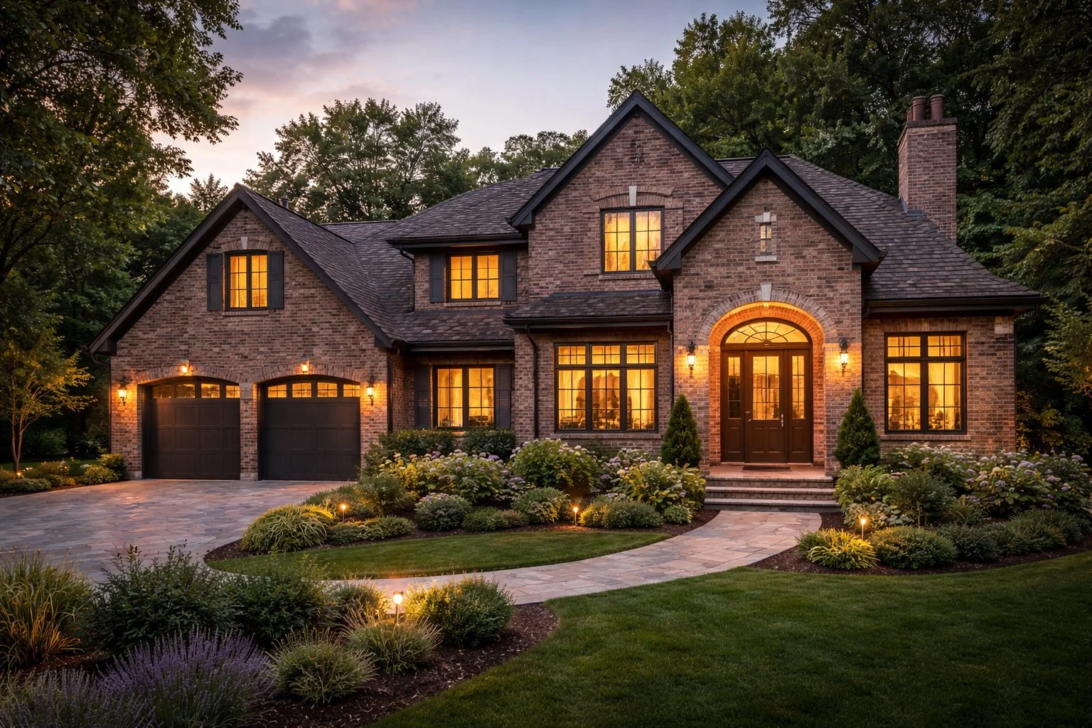 Luxury brick home exterior at dusk with arched entry, landscaped front yard, and warm exterior lighting