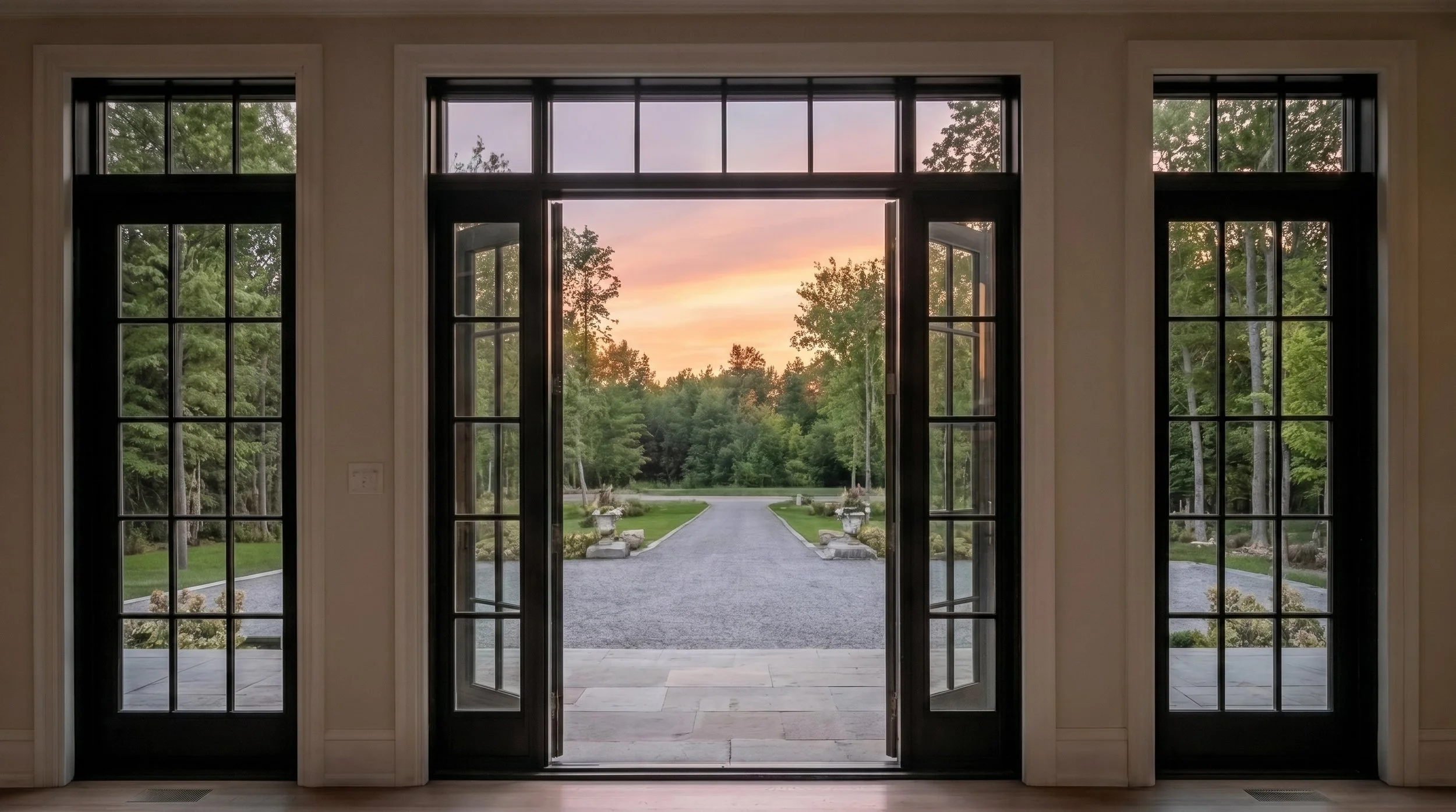 Finished stone home exterior at dusk with warm lighting, creating a welcoming and high-end residential atmosphere.