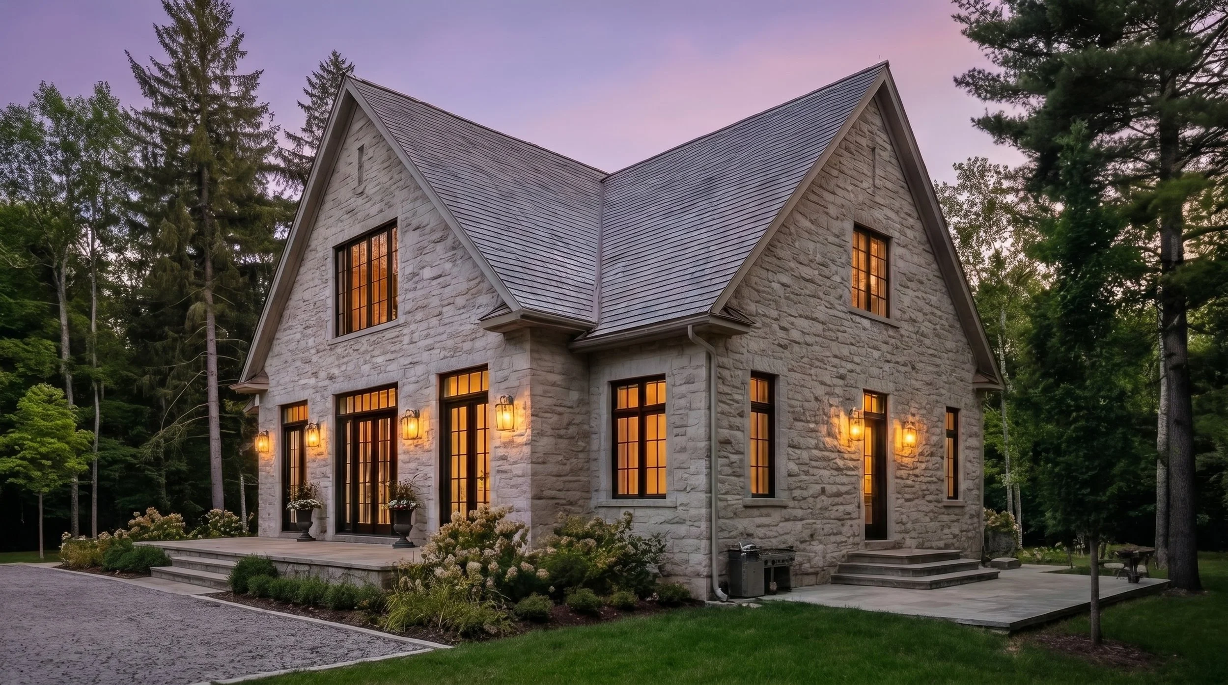 Custom stone home built in the Blue Mountains near Collingwood, highlighting expert masonry construction and a durable, high-end exterior finish.