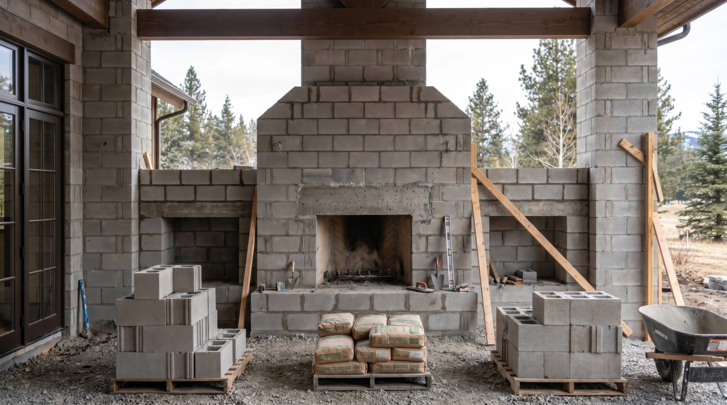 Outdoor masonry fireplace under construction in the Blue Mountains, showing structural concrete block work and professional layout before stone installation.