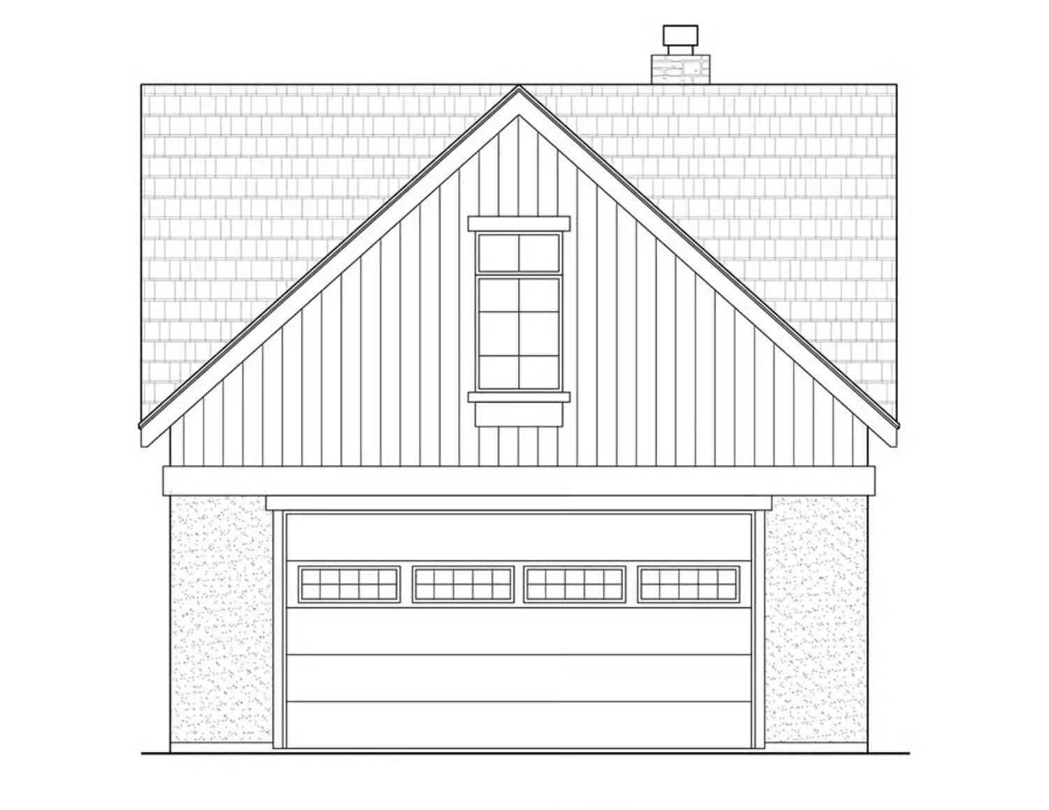 Black and white line drawing of a two-story house with a prominent front-facing garage, rectangular windows, and a steeply pitched roof with a chimney.