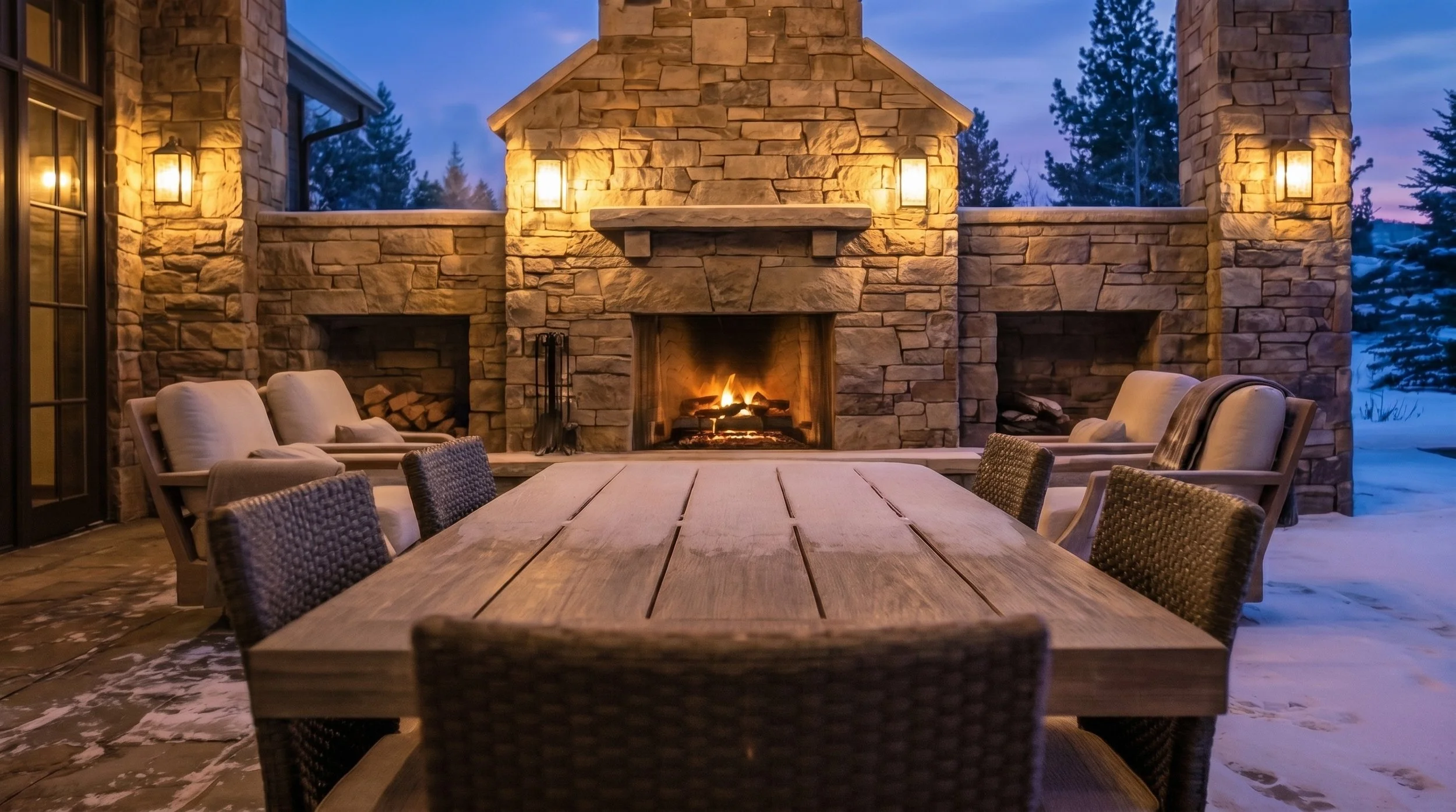 Premium stonework detail on a custom outdoor fireplace, highlighting tight joints, clean lines, and high-end masonry craftsmanship.