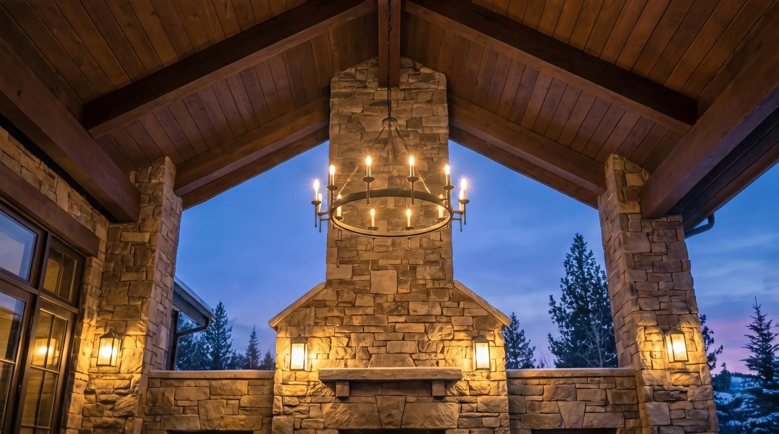Completed outdoor fireplace and patio designed for seamless flow, combining natural stone masonry with a refined outdoor living space in Collingwood.