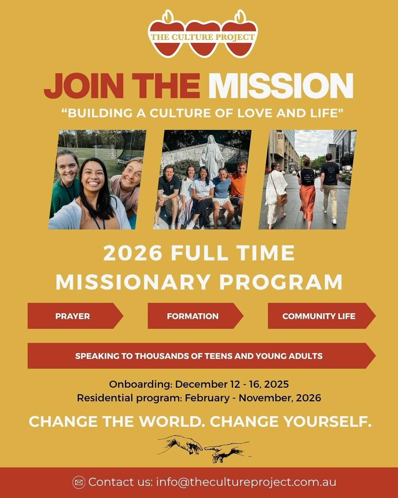 Want to build a culture of love and life? Join the mission ❤️&zwj;🔥

Express your interest for the Culture Project 2026 Full Time Missionary Program now!

🔗 Link in bio (https://forms.gle/QNMM6LGN8qAtBy578)

Change the world. Change yourself.

#cul
