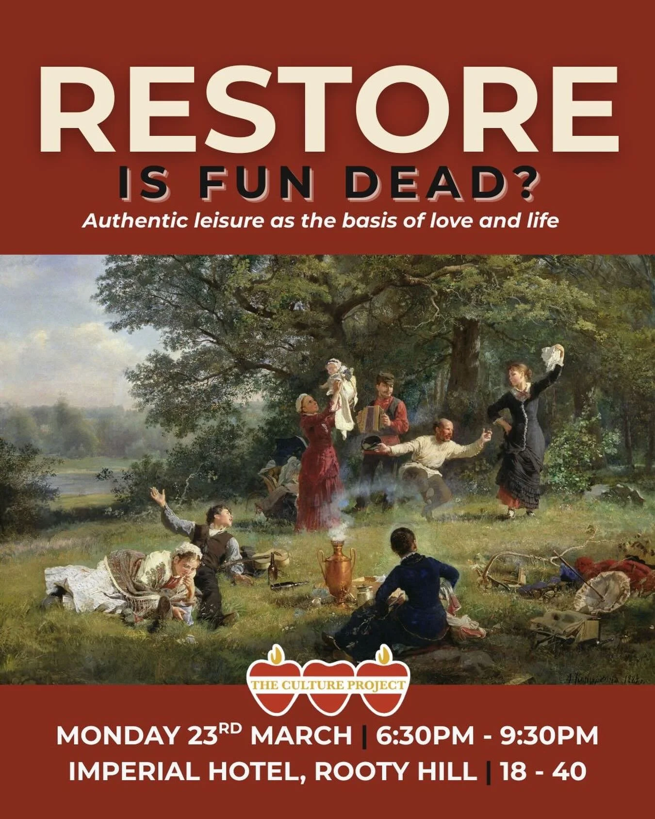 IS FUN DEAD? 🤔💥

We&rsquo;re back with our RESTORE night for March and we&rsquo;re exploring how authentic leisure is the basis of love and life.

Join us for another night of good company, meaningful conversations and groovy vibes from @wearemodul