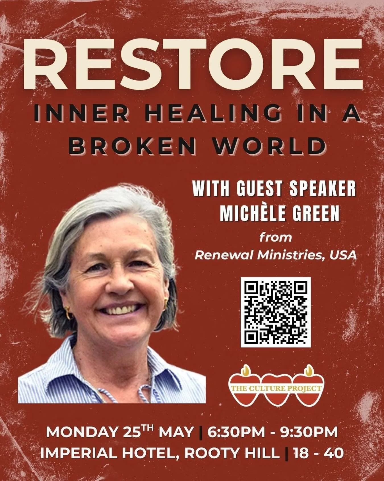 Inner healing is possible, even in a broken world.

RESTORE is a casual space for more than just casual conversations. We&rsquo;re building a culture of love and life ❤️&zwj;🔥 

Will you join us?

📅 Date: Monday 25th May, 2026
⏰ Time: 6:30pm - 9:30