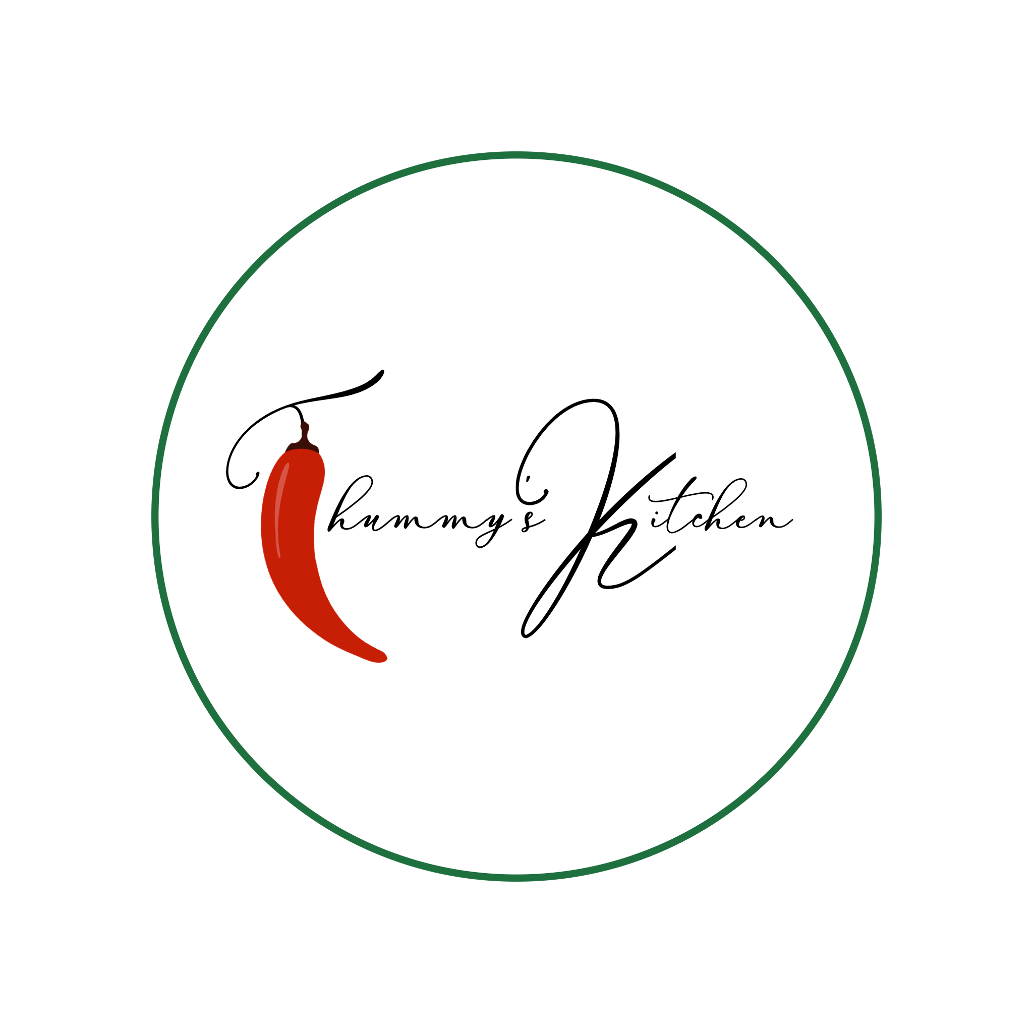 Logo for 'Hummys Kitchen' featuring a red chili pepper with black outline and calligraphic black text within a green circle.