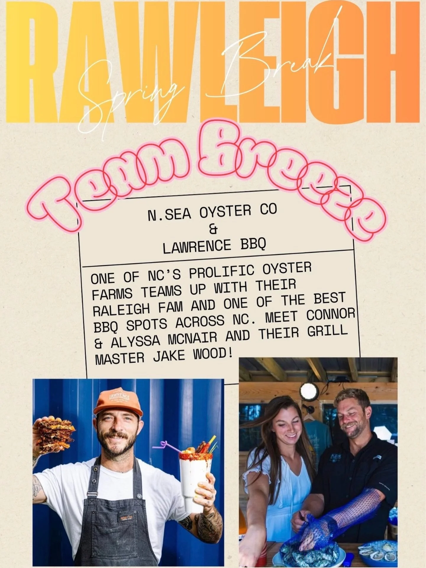 Got team Breeze clockin&rsquo; in for #Rawleighspringbreak ! Comprised of two NC culinary powerhouses, @n.sea.oysterco &amp; @lawrencebarbecue they&rsquo;re ready to compete! Can&rsquo;t wait to see what they come up with&hellip;