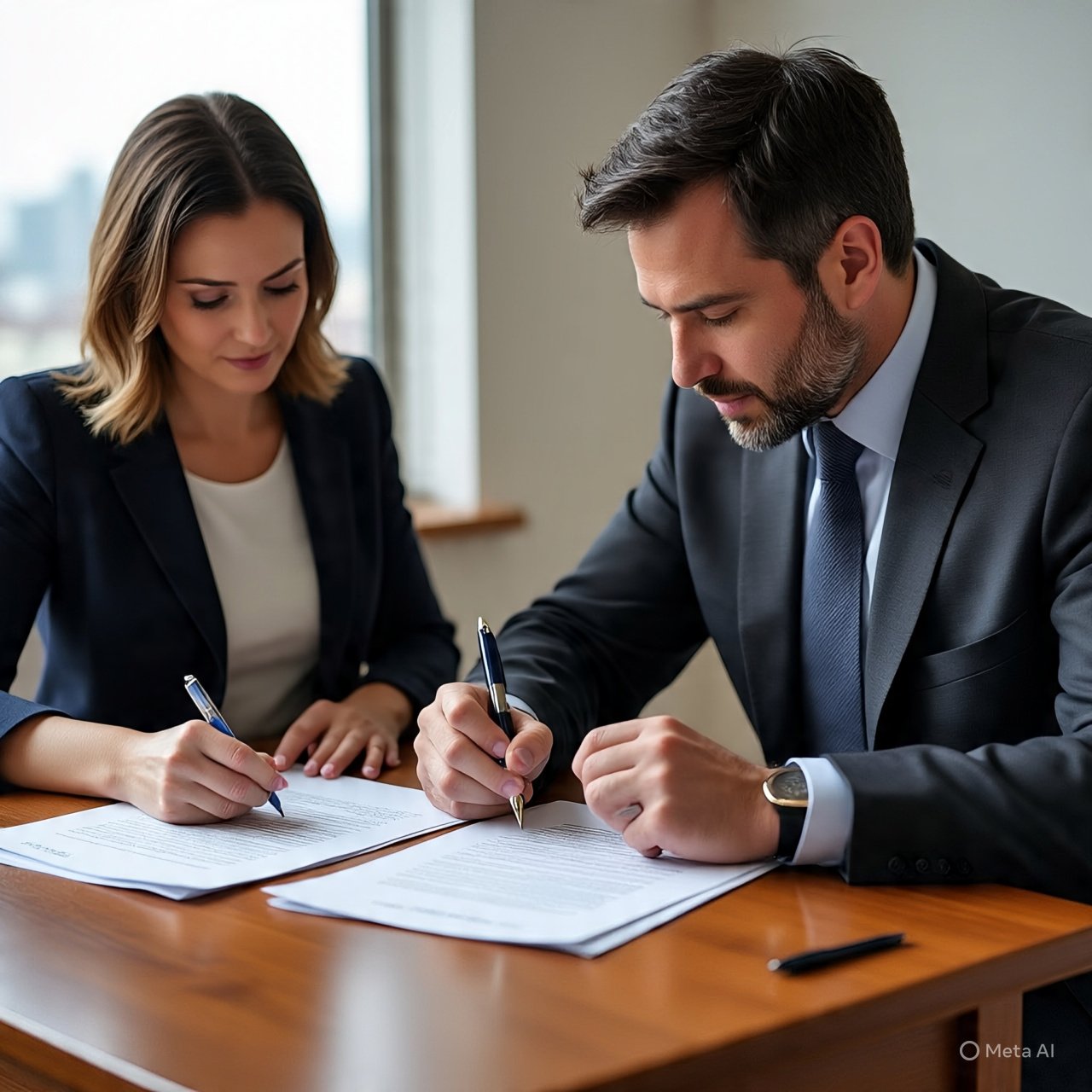 Two professionals, a woman and a man, signing documents at a desk in an office setting.