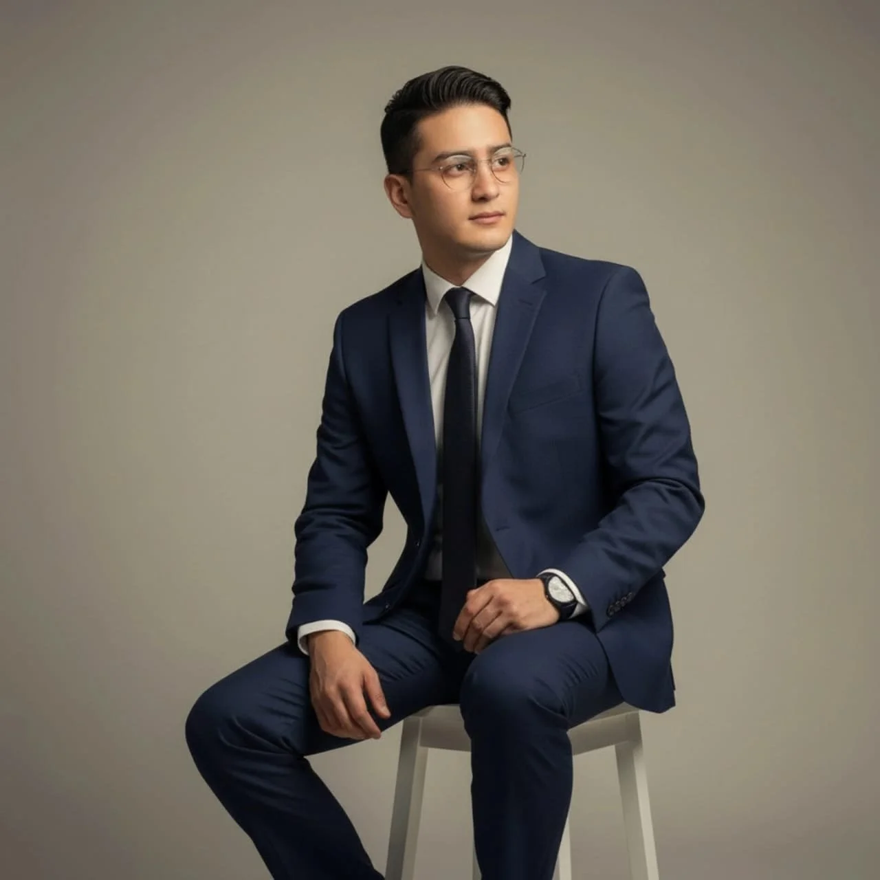 A young man in a dark blue suit, white shirt, and black tie sitting on a white stool against a neutral background, wearing glasses and a watch, looking to the side.
