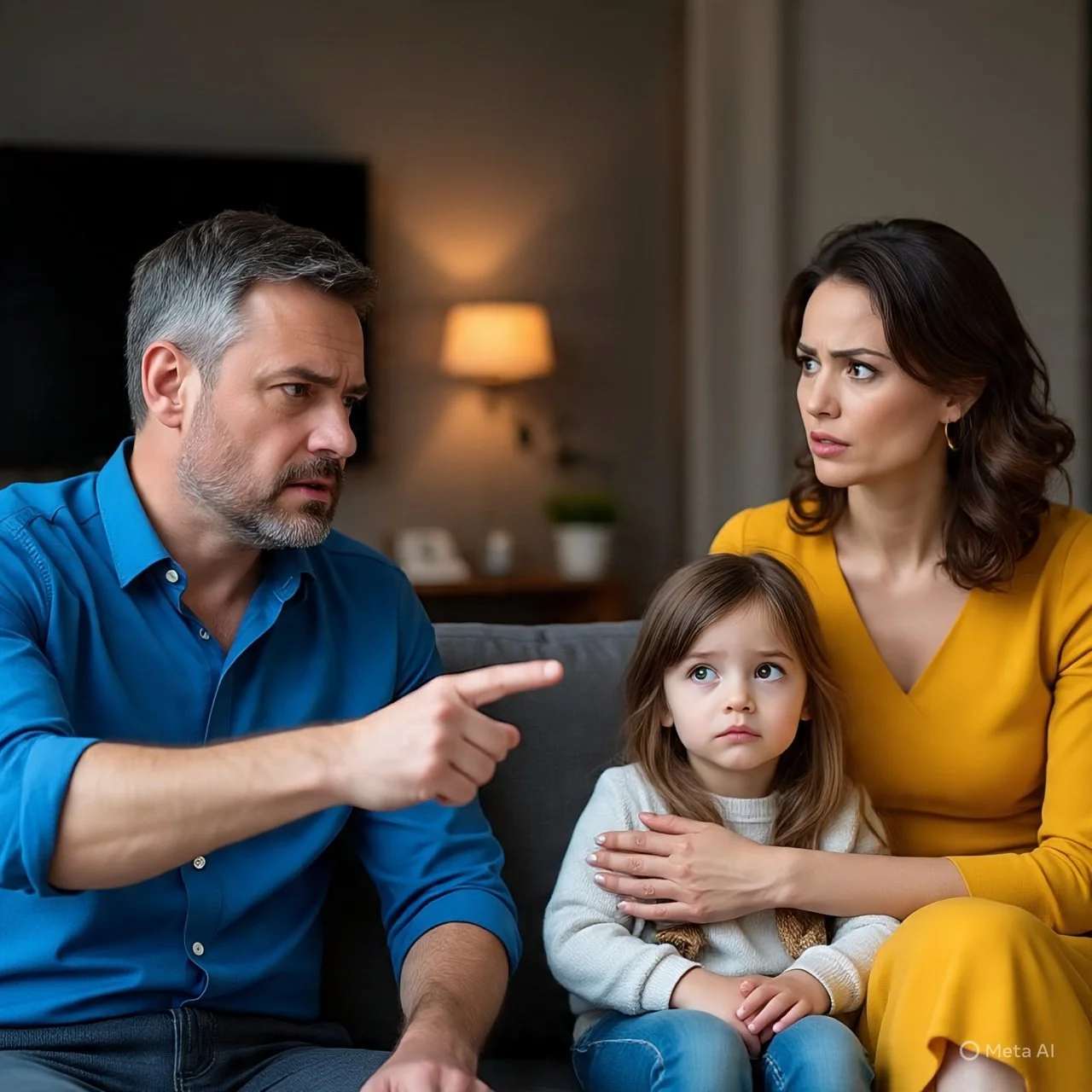A family having a serious discussion on a sofa, with a man in a blue shirt pointing, a woman in a yellow top looking concerned, and a young girl sitting between them looking worried.