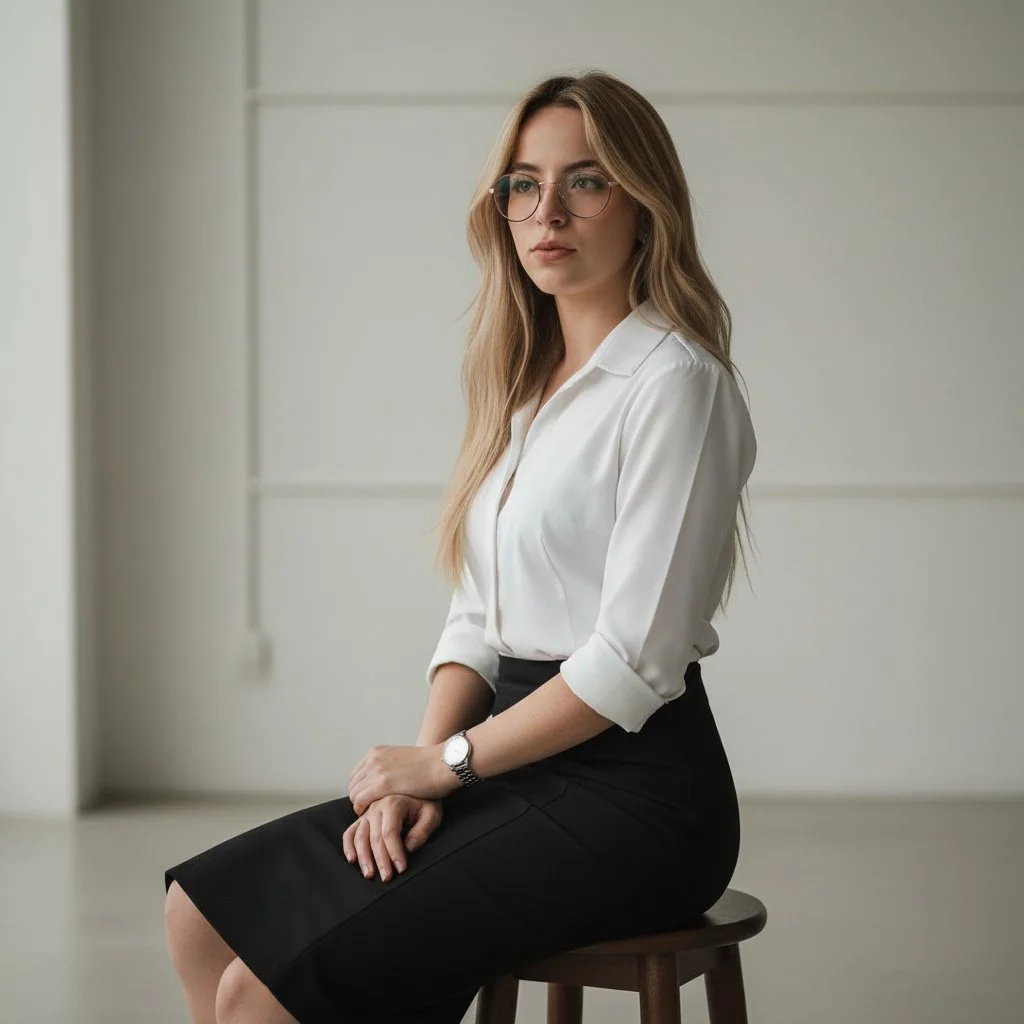 A woman with long blond hair and glasses, wearing a white blouse and black skirt, sitting on a stool inside a minimalistic room.
