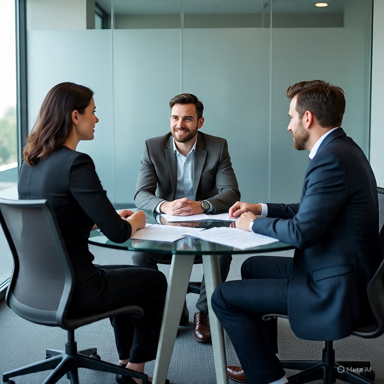 Three professionally dressed people, two men and one woman, engaged in a business meeting in an office with large windows.