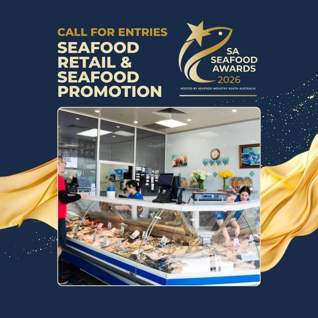 Promotional poster for the 2026 South Australia Seafood Awards, featuring an indoor seafood display case with fish, seafood, and workers behind the counter, set against a blue and gold themed background.