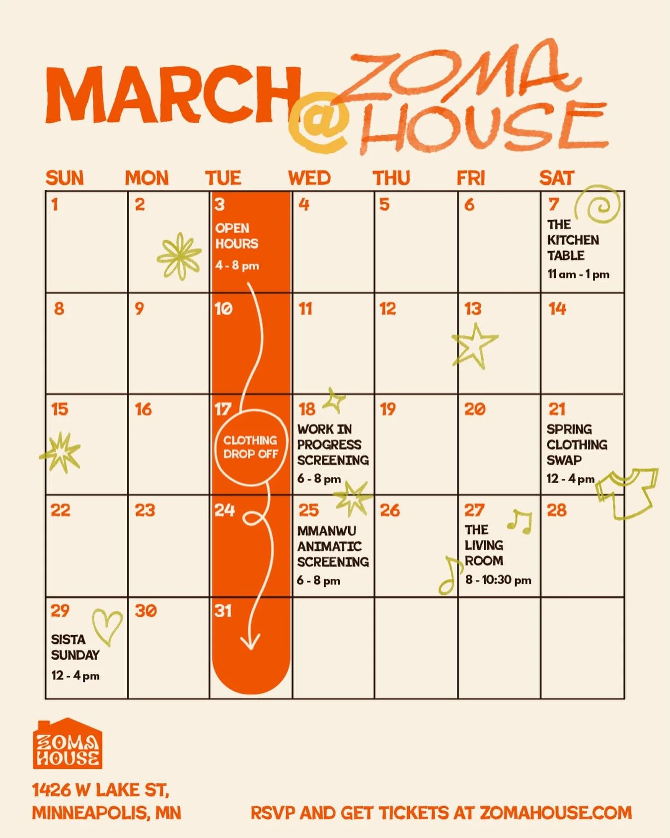 March at ZOMA House! 🧡⭐️🌱

🍊 Open Hours (Every Tuesday 4 - 8pm) - Every Tuesday in March, ZOMA House will be open to the public. You can check out the space, purchase items from our storefront, or come make art. No RSVP required.

🐛 The Kitchen T