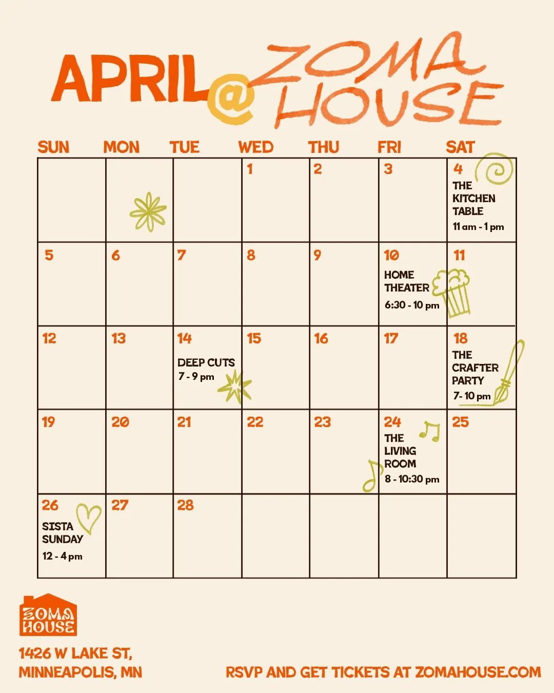 April at ZOMA House! 🧡⭐️🌱

🐛 The Kitchen Table with @nicolemcrowder (Sat 4/04, 11am - 1pm) 
🎞️ Home Theater - $5 ticket (Fri 4/10, 6:30 - 10pm) 
🎧 Deep Cuts: Open Aux Listening Party (Tues 4/14, 7 - 9pm) 
🧶 The Crafter Party: Slumber Party Edit