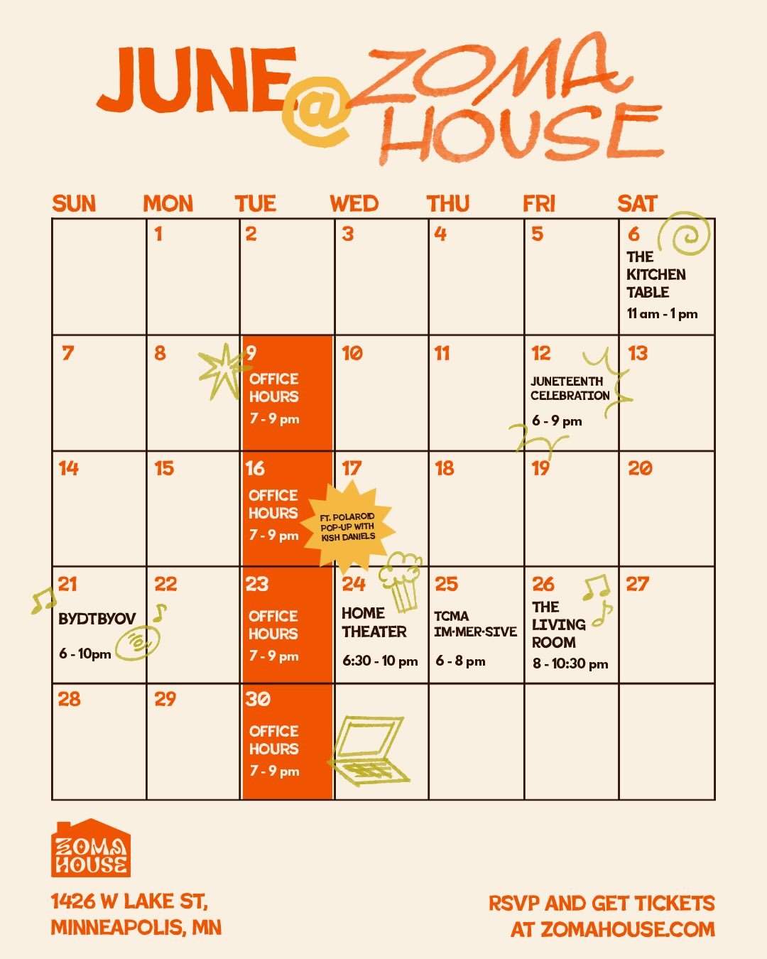 June at ZOMA House! Swipe to see all our offerings and creative collaborations this month 🧡⭐️🌱

🐛 The Kitchen Table with @lesliebarlowartist (Sat 6/06, 11am - 1pm) 
💻 Office Hours (Every Tuesday 7 - 9pm) - Starting 6/09
🕺 Juneteenth Celebration 