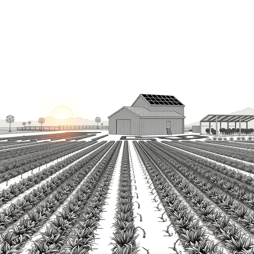 Concept illustration of idle farmland organized for regenerative agriculture and community use