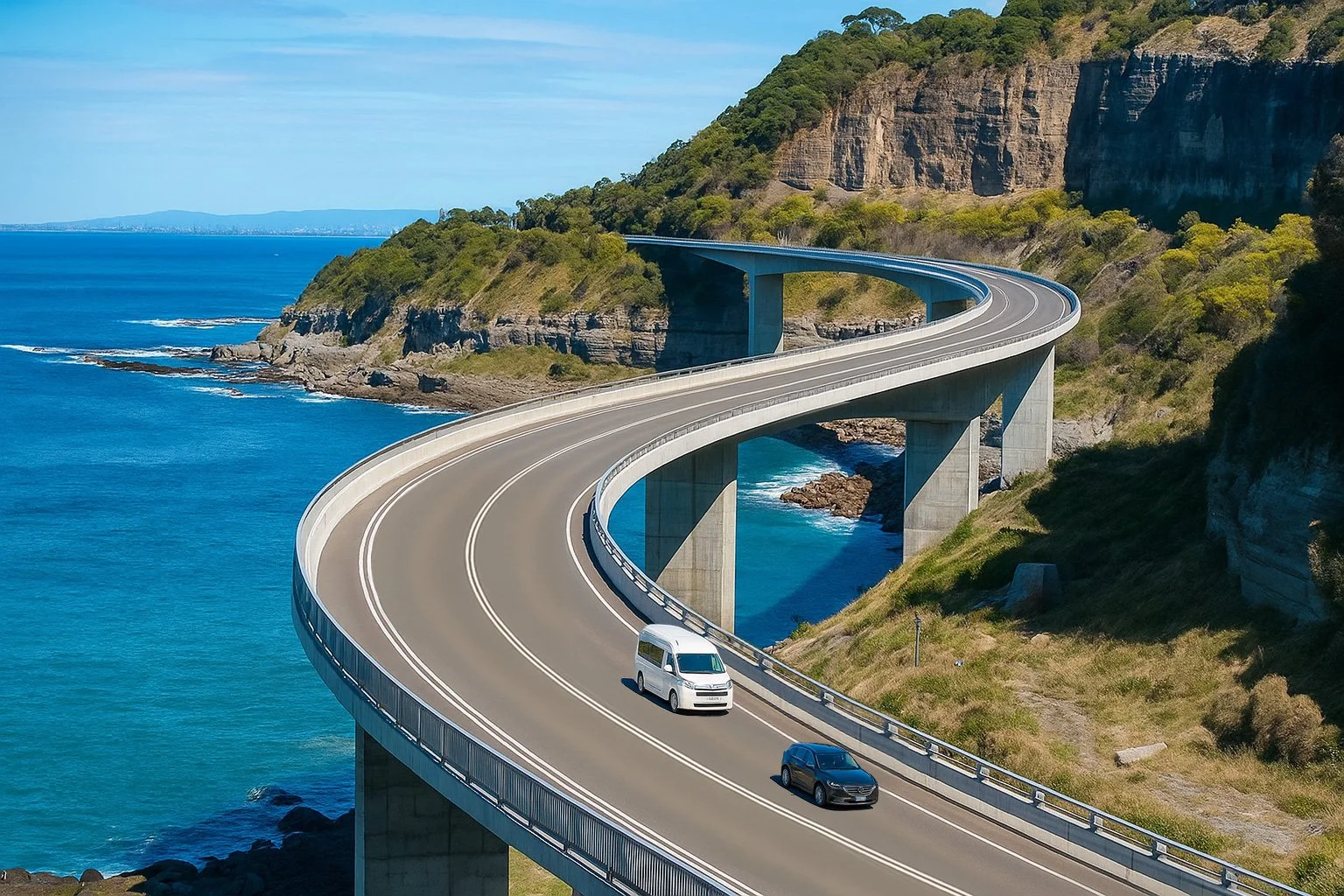 Altamira transport on the Seacliff Bridge NSW surrounded by green hills and cliffs