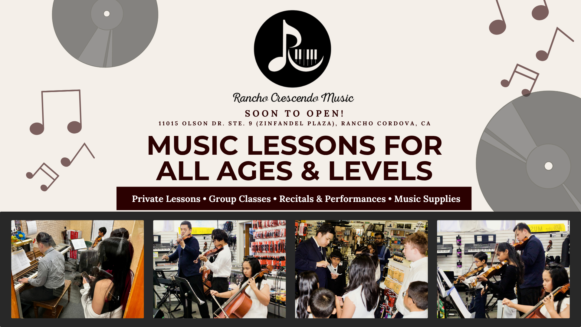 Promotional poster for Rancho Crescendo Music announcing grand opening with music lesson offerings, located at 11015 Olson Dr. Ste. 9 in Rancho Cordova, California, featuring images of children and adults playing various musical instruments.