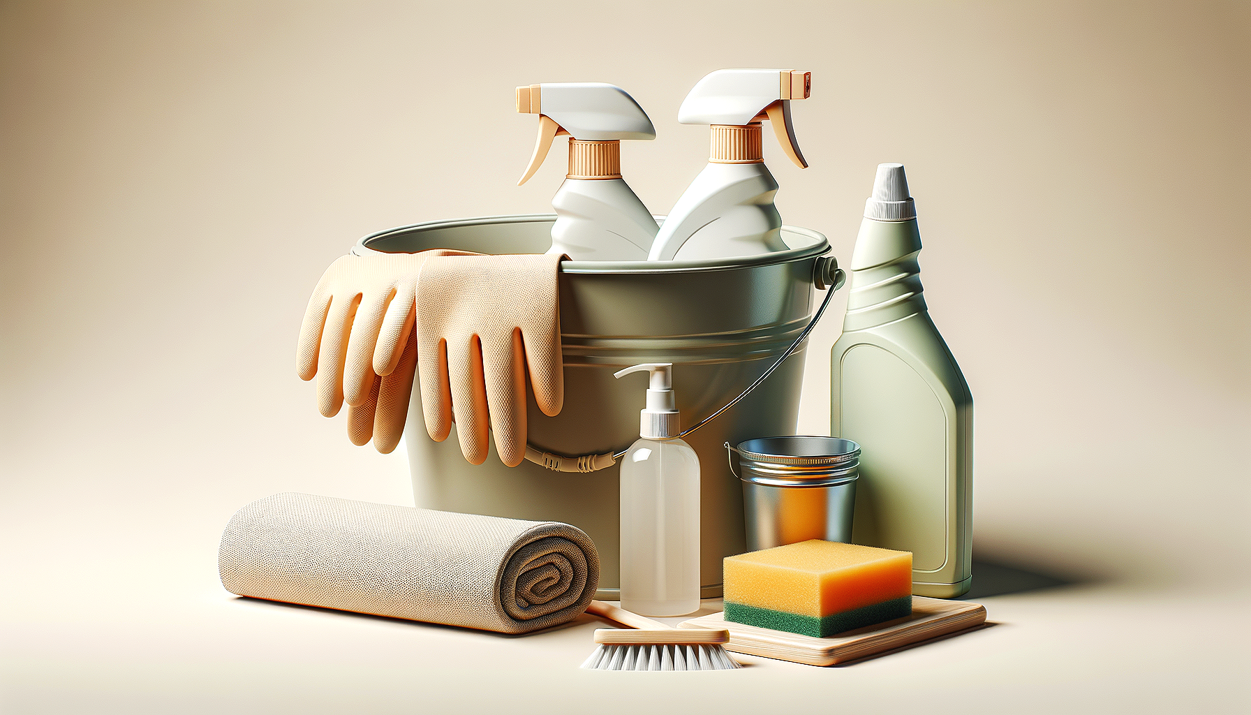 Cleaning supplies including spray bottles, gloves, a scrub brush, a rolled-up rug, a sponge, a spray soap bottle, an aluminum bucket, and a detergent bottle arranged on a neutral background.