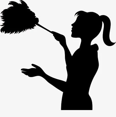 Silhouette of a girl holding a feather duster with her right hand, pointing at her open left palm.